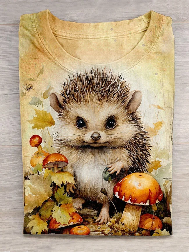 Cute Hedgehog Animal Art Print Casual T-Shirt