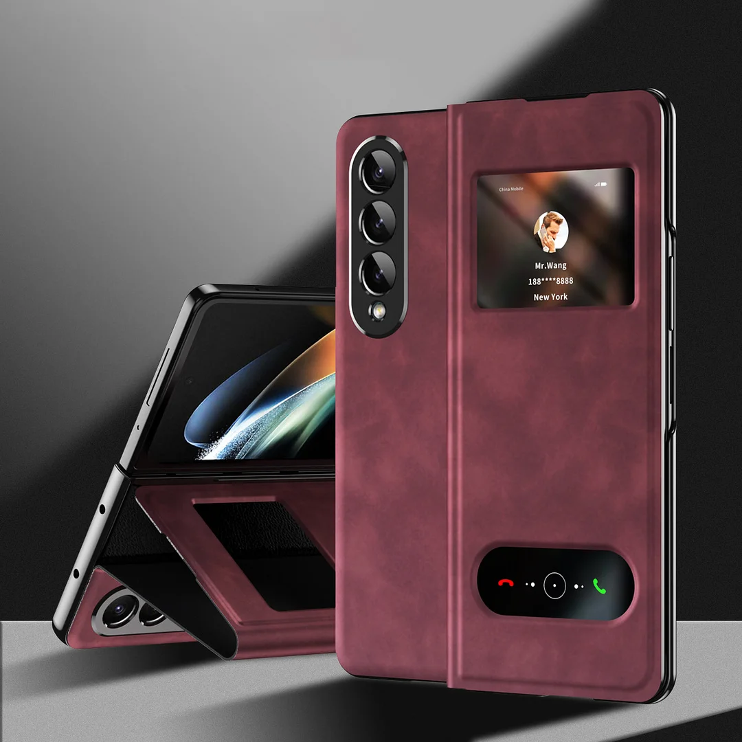 Luxury Leather Phone Case With Flip-free Answering Window And Phone Stand For Galaxy Z Fold3/Fold4 