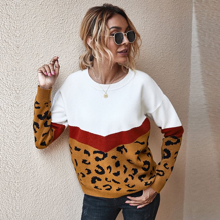 Fashion Leopard Patchwork Autumn Winter Ladies Knitted Sweater Women O-neck Full Sleeve Jumper Pullovers Top Khaki Brown - BlackFridayBuys