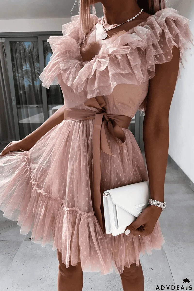 Dot Mesh V Neck Cake Skirt Dresses