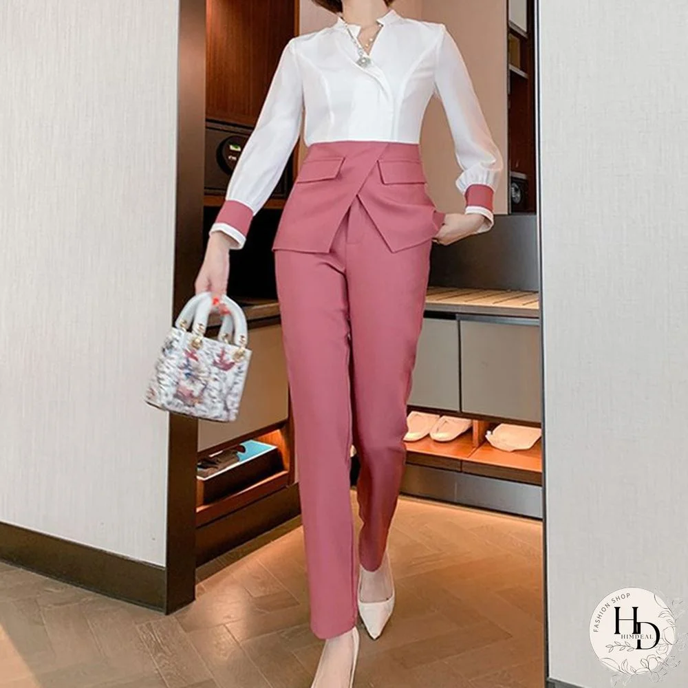 Autumn Suit Women Pants 2 Piece Set Elegant Office Lady Outfits Hit Color Blouse And Pants Fashion Sets