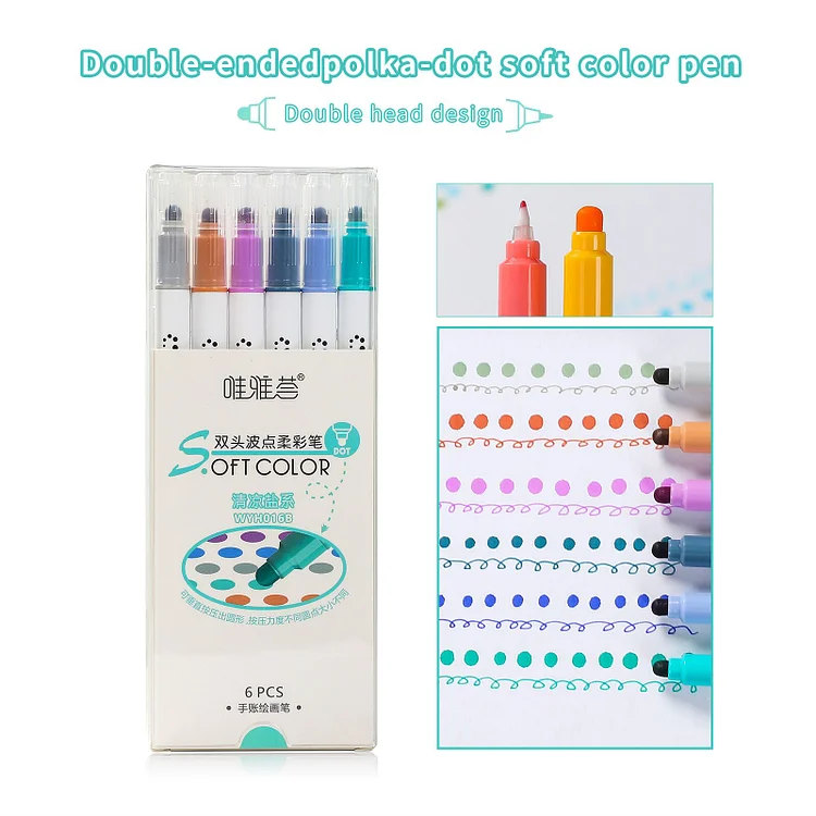 JOURNALSAY 6Pcs/Set Cute Creative Double Head Highlighter Polka Dot Soft Color Pen Student Drawing