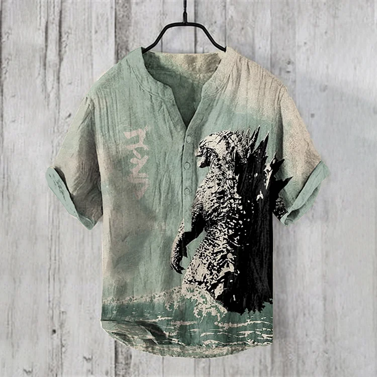 Vintage Godzilla  Japanese Ink Smudge Art Linen Blend Shirt