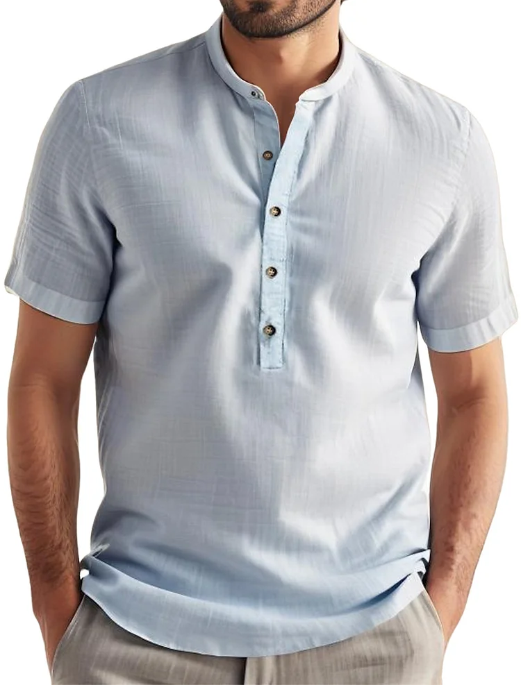 Men's summer cotton and linen stand collar solid color short-sleeved shirt
