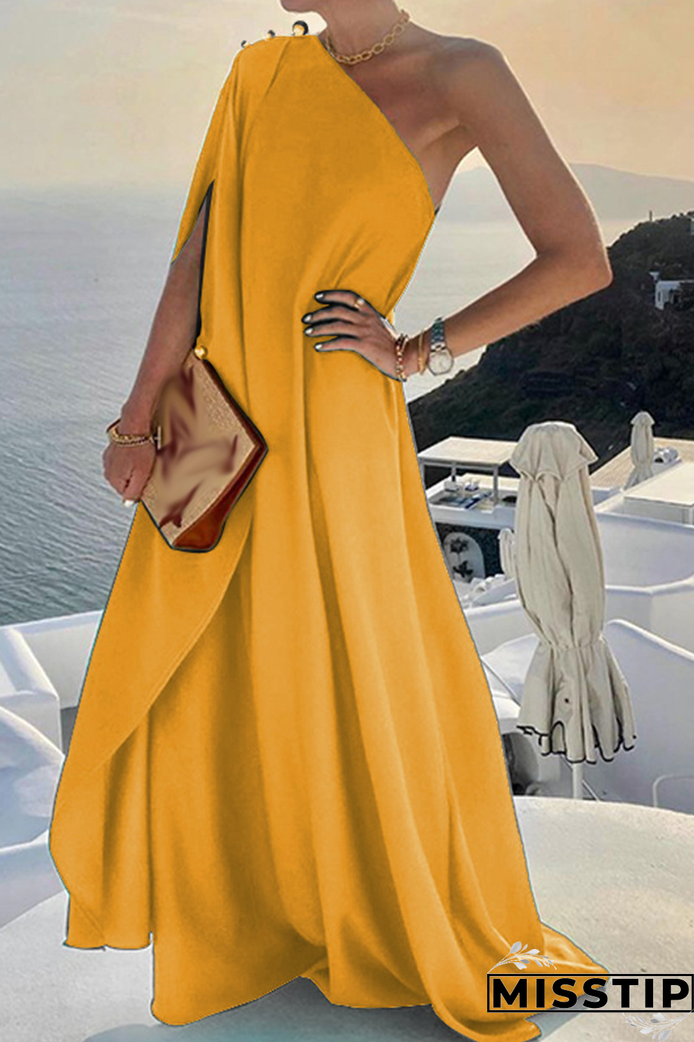 Green Casual Solid Patchwork One Shoulder Straight Dresses