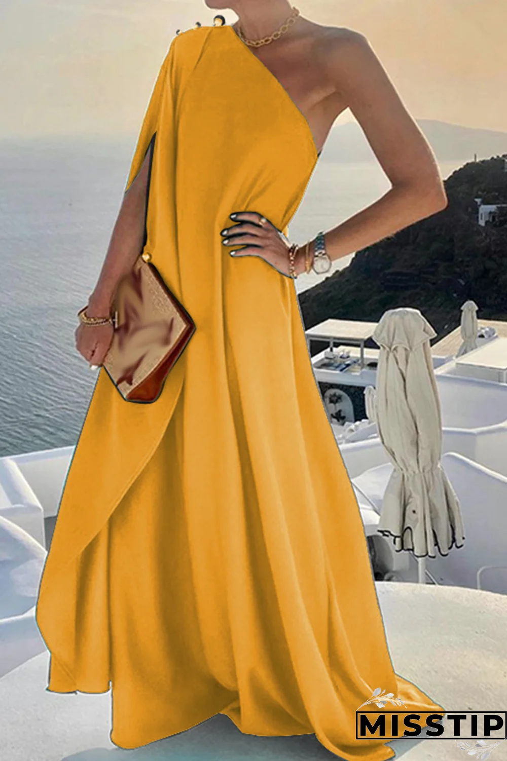 Green Casual Solid Patchwork One Shoulder Straight Dresses