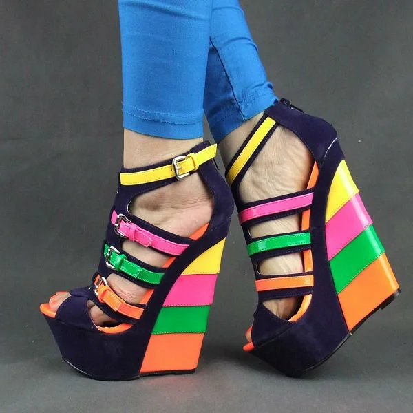 Rainbow Buckle Peep Toe Platform Wedge Sandals Vdcoo