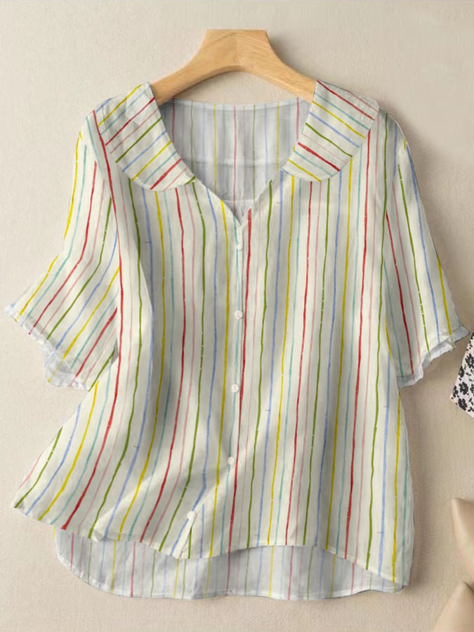 Women's Retro Colored Striped Design Doll Neck Casual Shirt