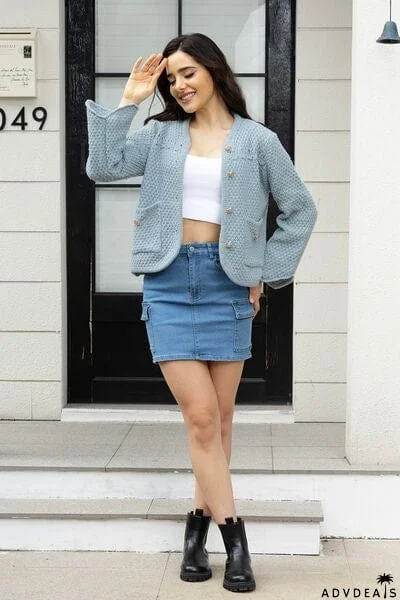 Button Up Long Sleeve Cardigan with Pockets