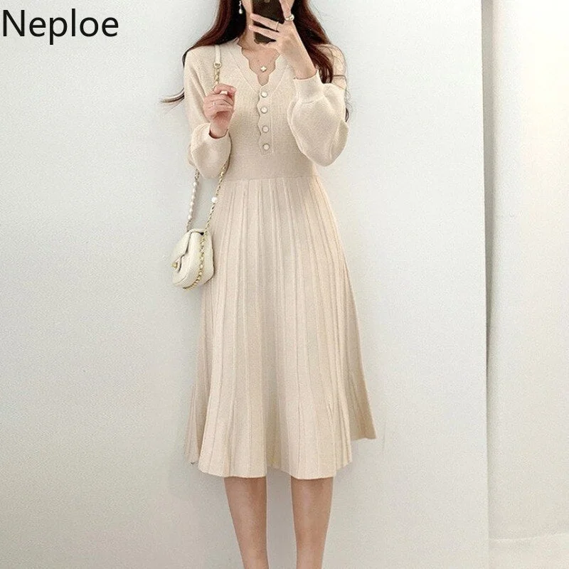 Christmas Gift V Neck Long Sleeve Midi Dress Women Button Decreation High Waist A Line Slim Femme Robe 2021 Chic Knitted Solid Vestidos
