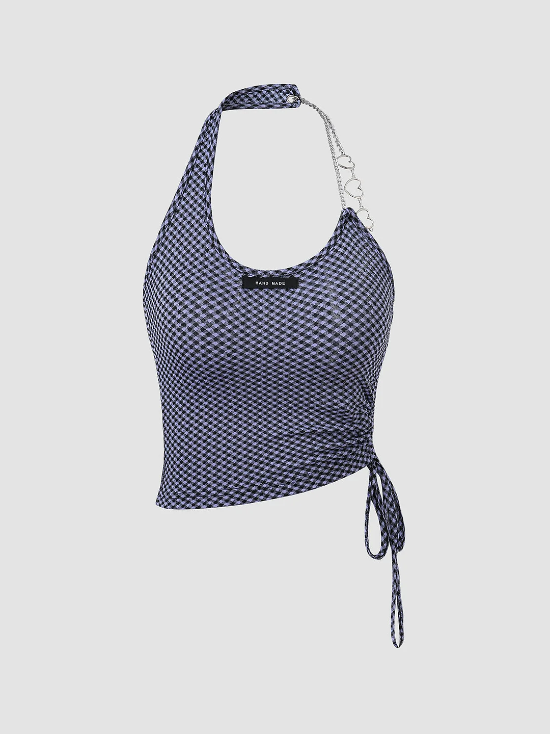 Check Pattern Chain Halter Open Back Drawstring Tank Top