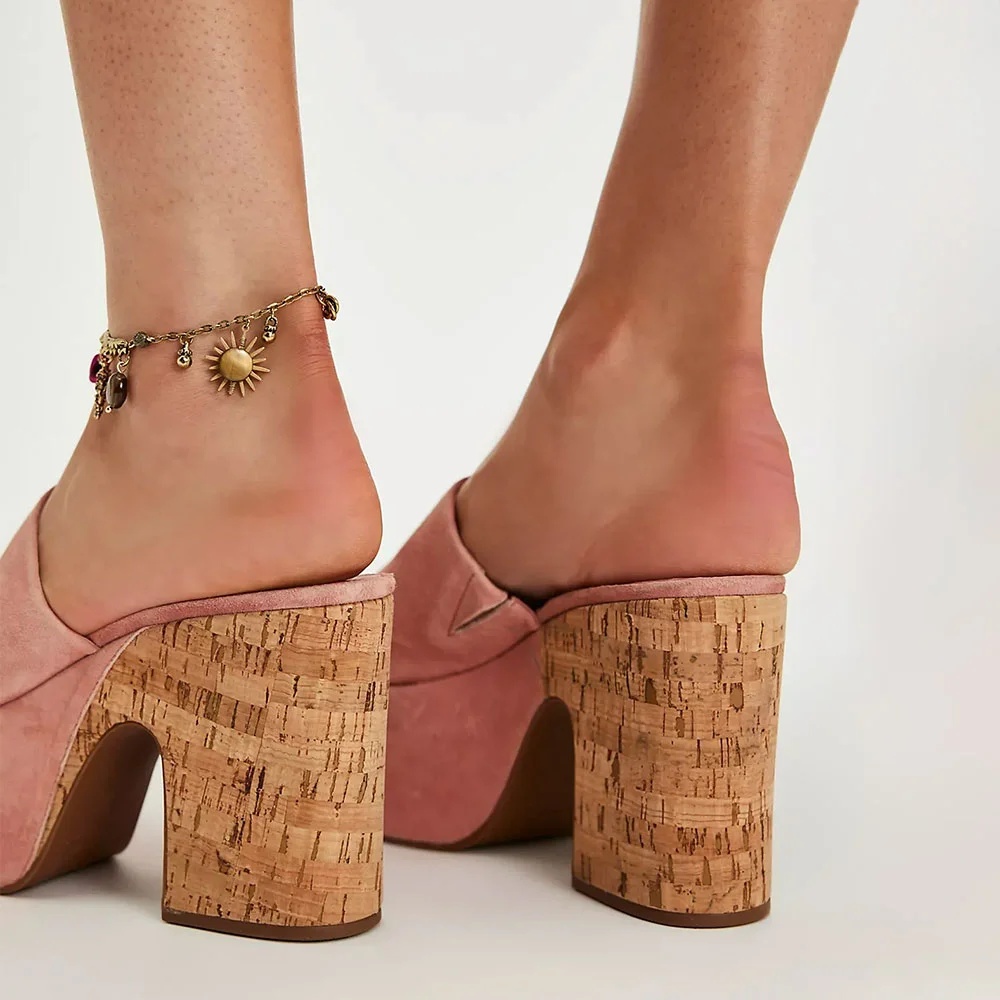 Pink Chunky High Heel Round Toe Platform Mules Sandals for Women