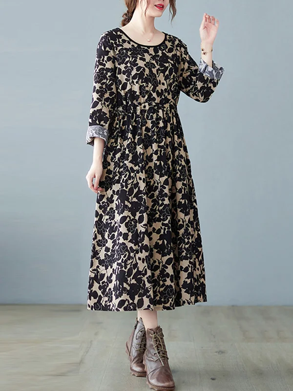 Artisanal Retro Ramie Cotton Floral Printed Midi Dress With Pleated 