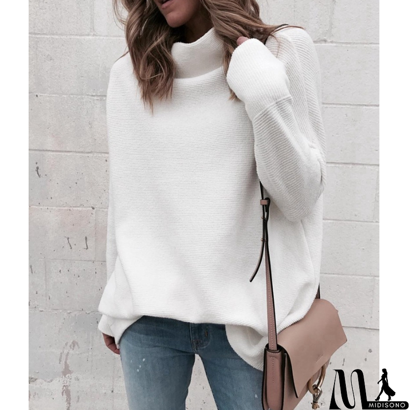 MidiSono - White Fashion High-Necked Long-Sleeved Knit Sweater