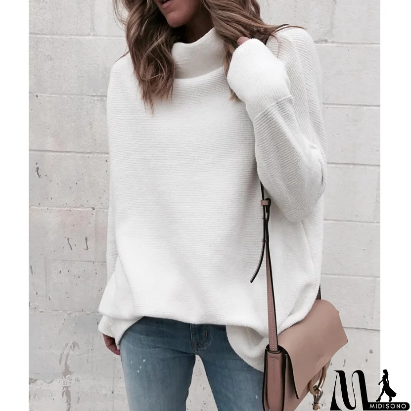 MidiSono - White Fashion High-Necked Long-Sleeved Knit Sweater