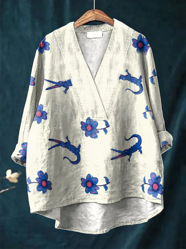 Women's Flower Crocodile Printed Loose V Neck Long Sleeve T-Shirt