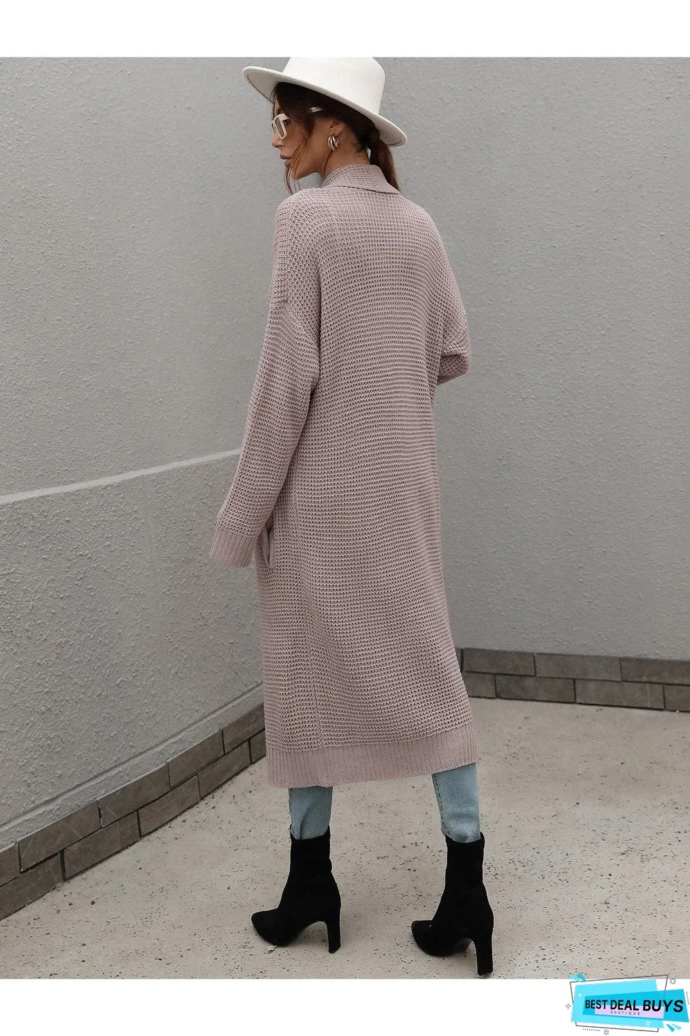 Waffle Knit Open Front Duster Cardigan With Pockets