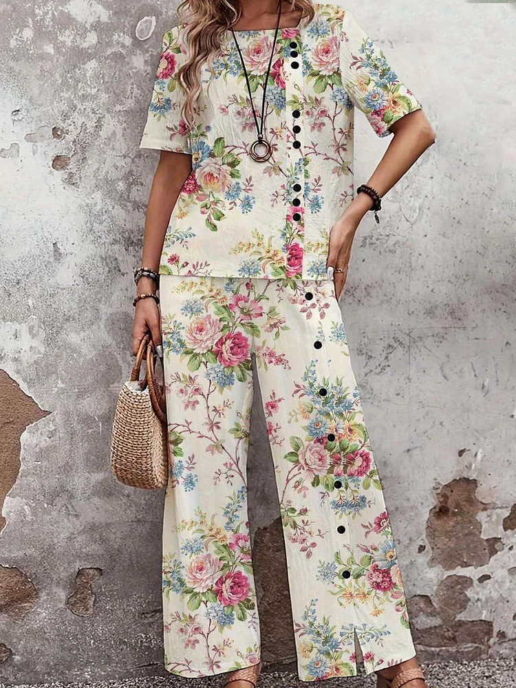 Women's Elegant Rose Floral Print Top Set