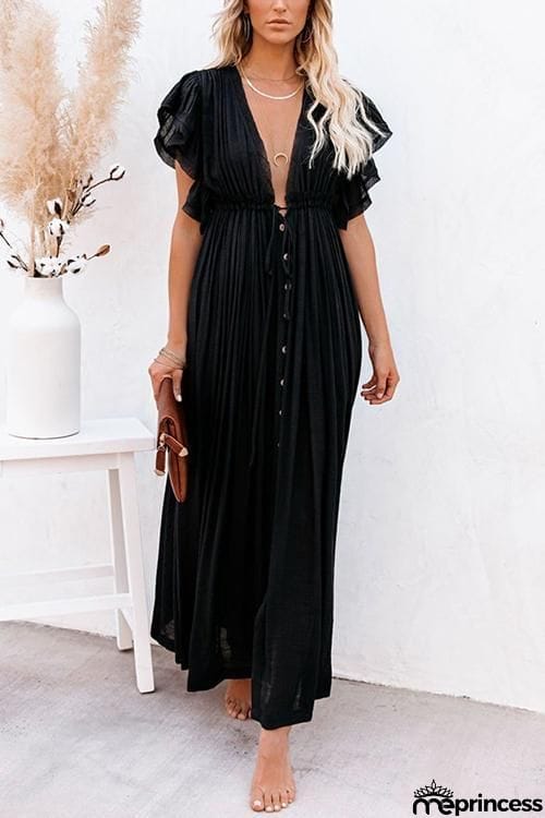 Button Drawstring Waist Bat Maxi Cover Dress