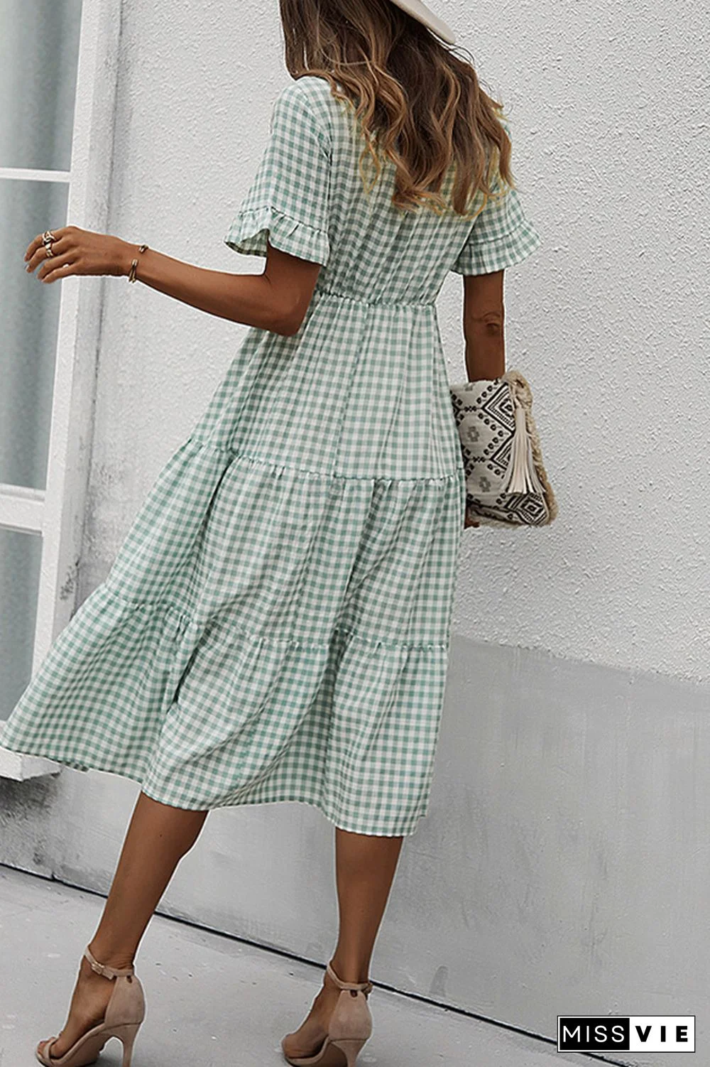 Plaid V-neck Short Sleeve Long Dress Wholesale