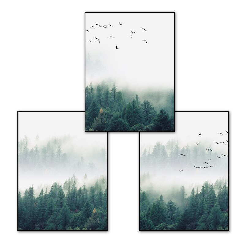 SURE LIFE 3pcs/lot Nordic Fog Forest Birds Landscape Canvas Painting Poster Print Wall Art Picture Living Room Home Office Decor