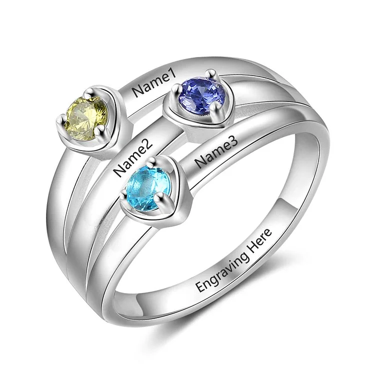 Mother Ring 3 Stones Engraved 3 Names Mom Rings Heart Personalized Birthstone Family Ring