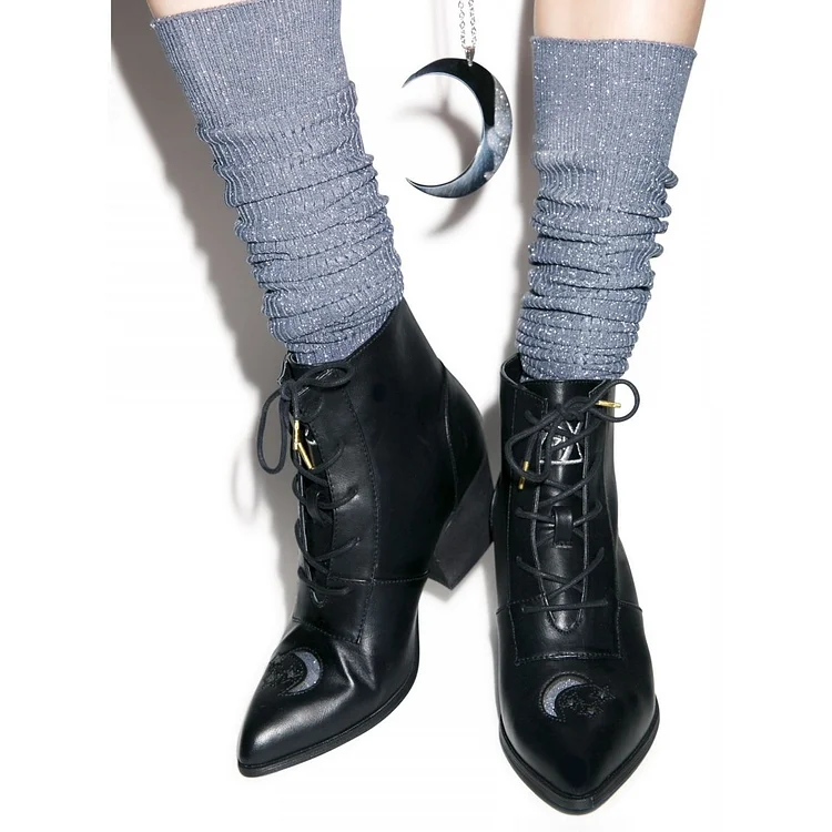 Black Lace up Chunky Heel Booties Vdcoo