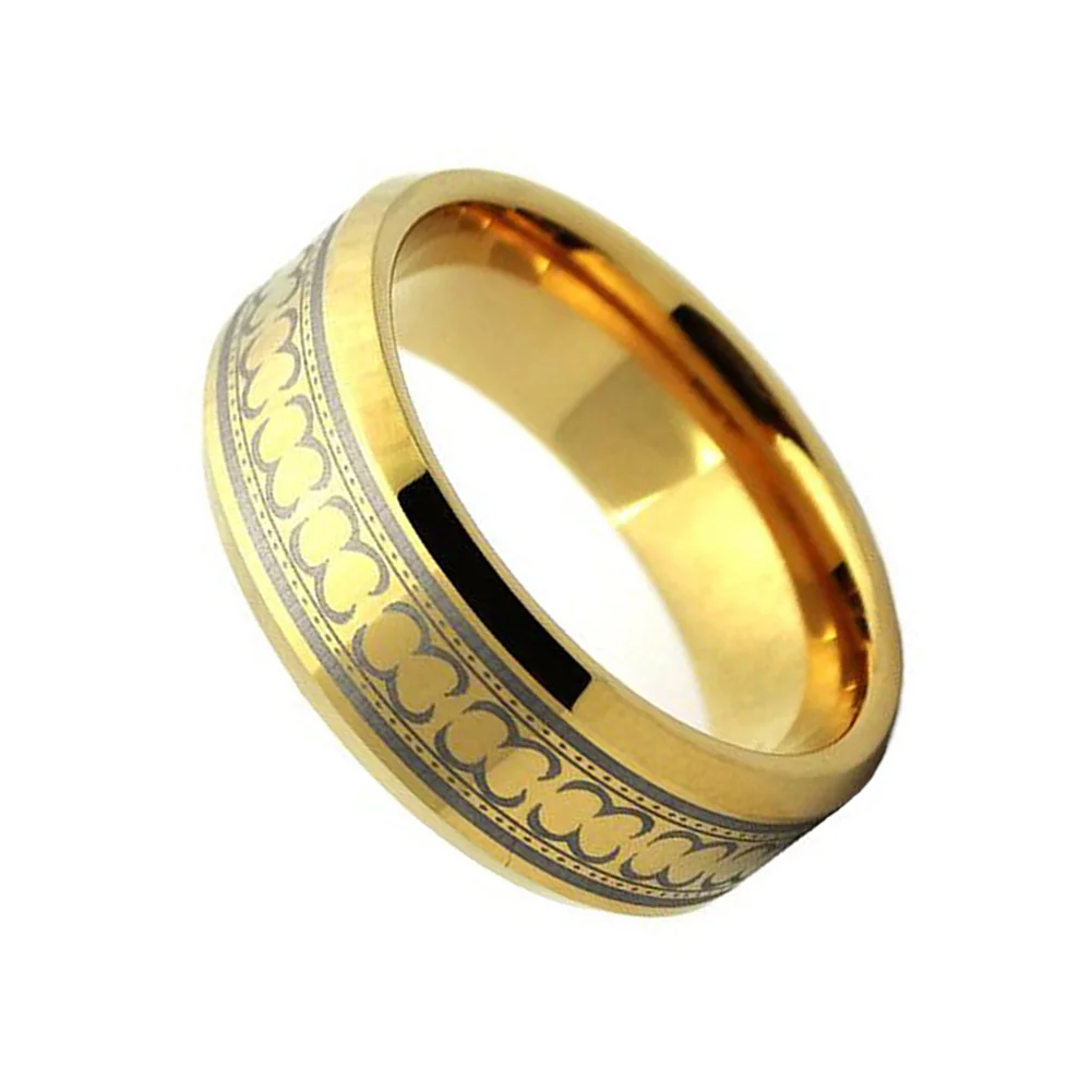 6MM 8MM Gold Plated Tungsten Carbide Bevel Edge Laser Pattern Men Wedding Bands