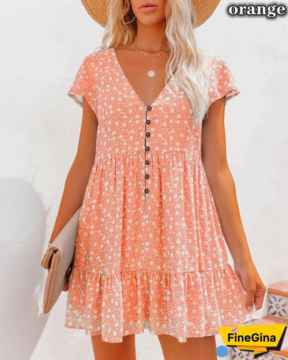 Spring Summer Dresses Plus Size Fashion Clothes Women's Casual Short Sleeve Dress Ladies Button Up Floral Flower Printed Dress Patchwork Loose Mini Pleated Dress Beach Wear Short Party Dress