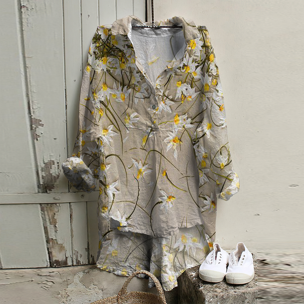 Casual Plant Floral Print Linen Short In Front And Long In Back Blouse wearshes