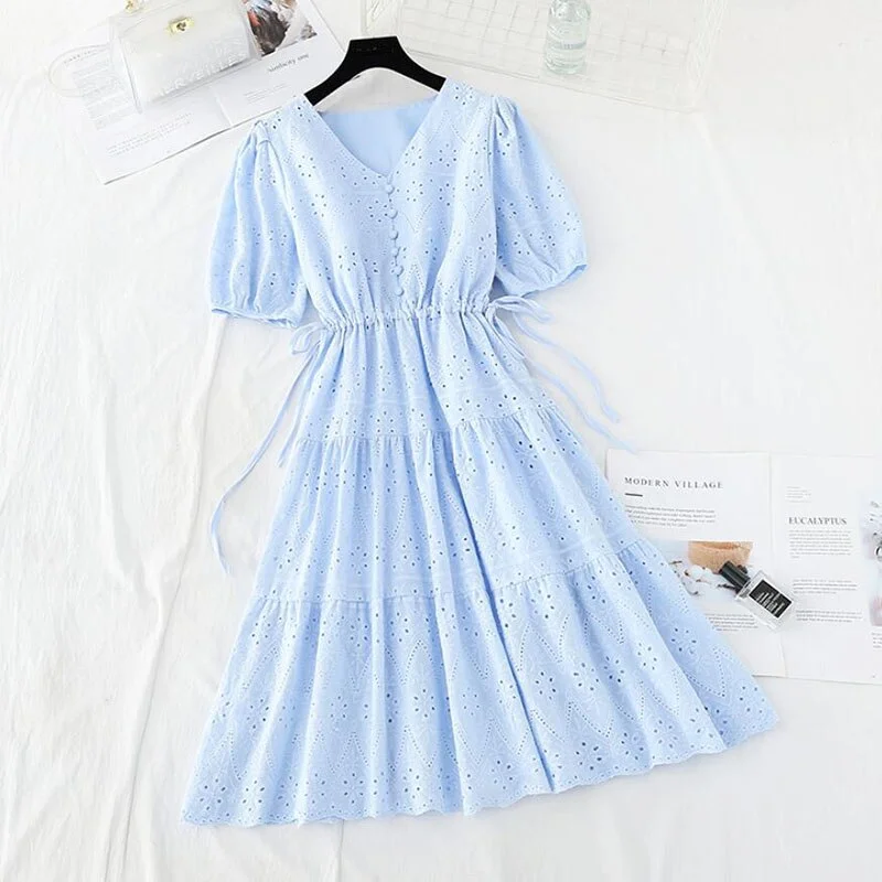 Women Summer Dress V-neck Hollow out Solid Cotton linen Dresses 2021 High Waist Vintage A-line Slim Ruffle Midi Dress
