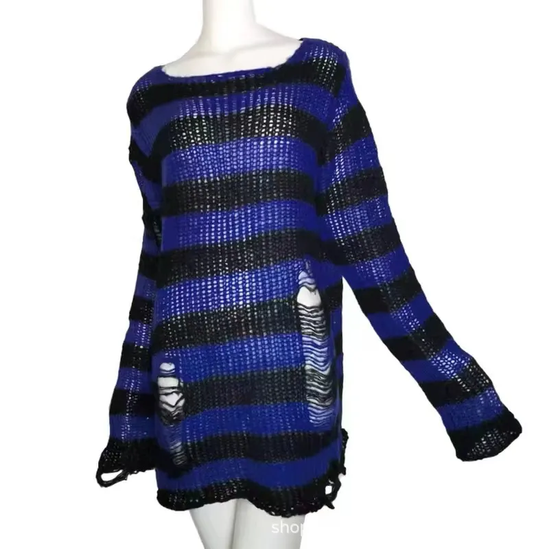 Churchf Churchf Hole Hollow Out In The Long Sweater Female Stripe Loose Color Dark Versatile Knit Niche Punk