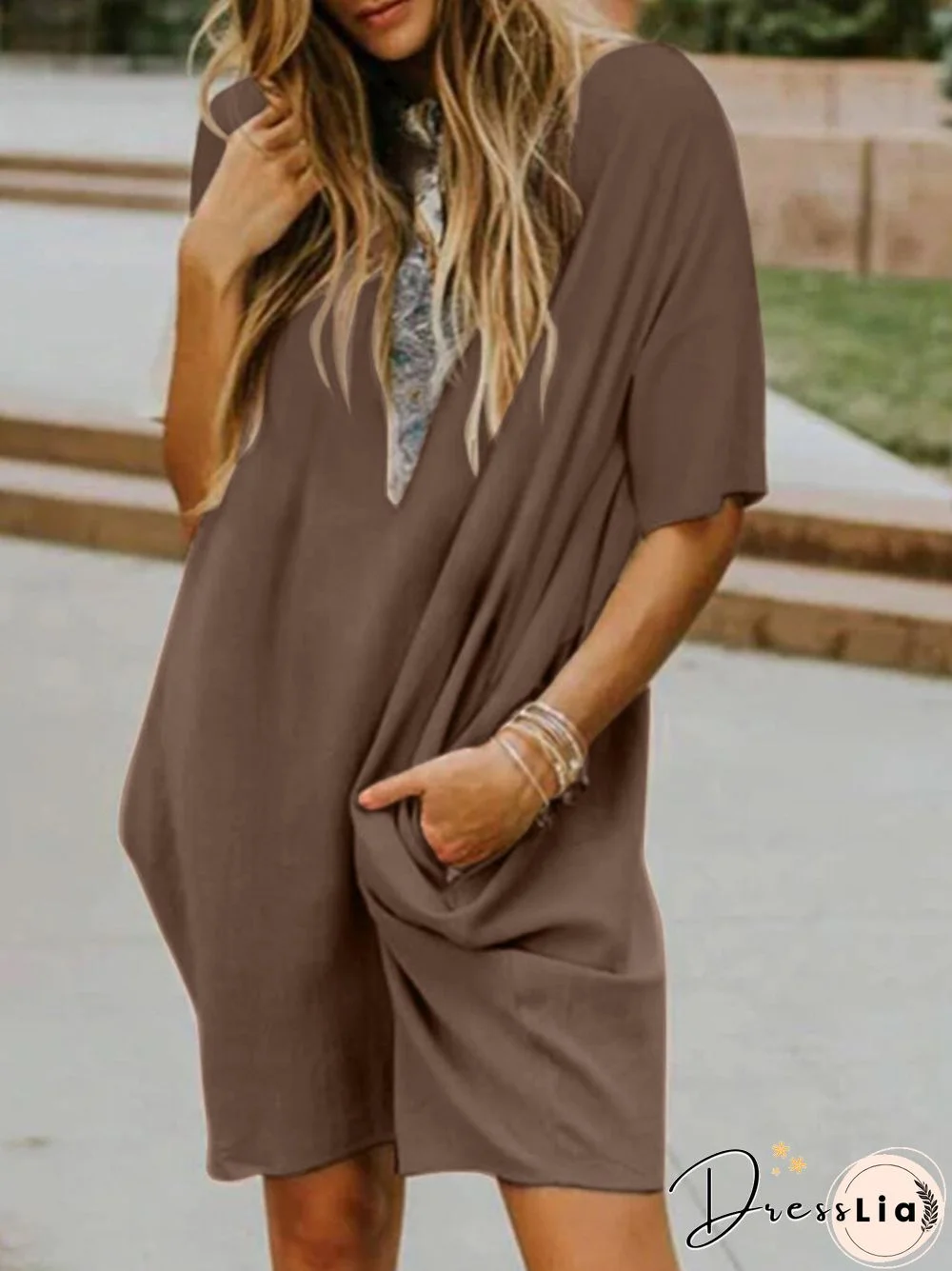 Leisure Solid Pocket Half Sleeve Midi Dress