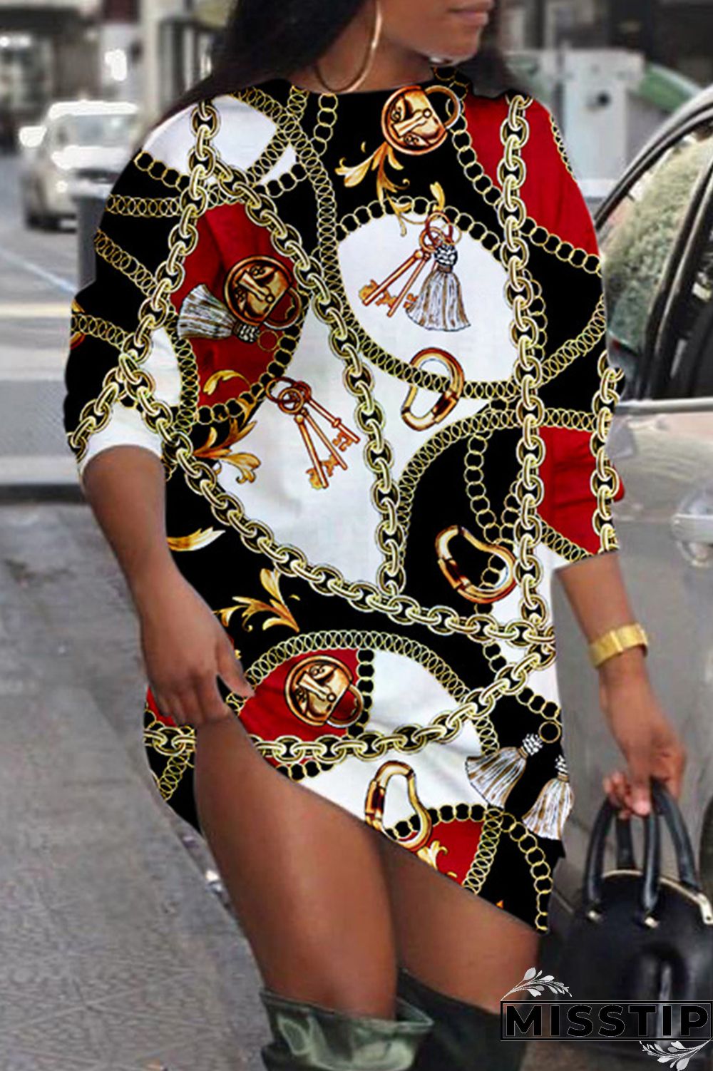 Black Casual Daily Print Patchwork O Neck Long Sleeve Dresses