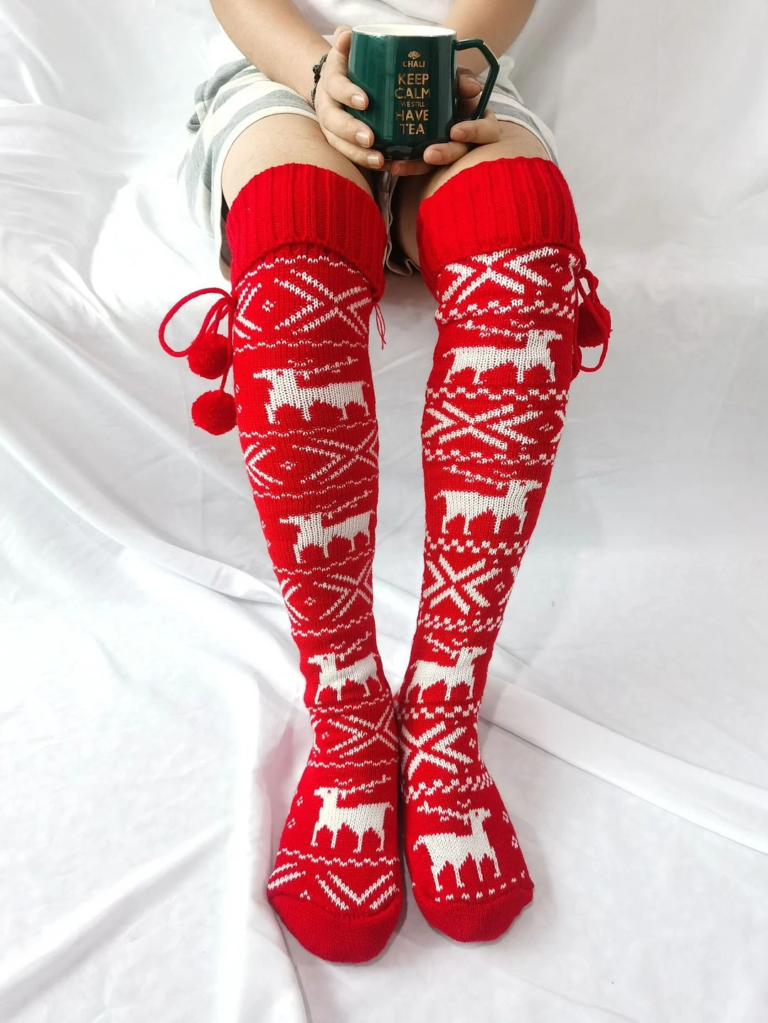 Christmas Drawstring Reindeer Knitted Thigh-High Socks