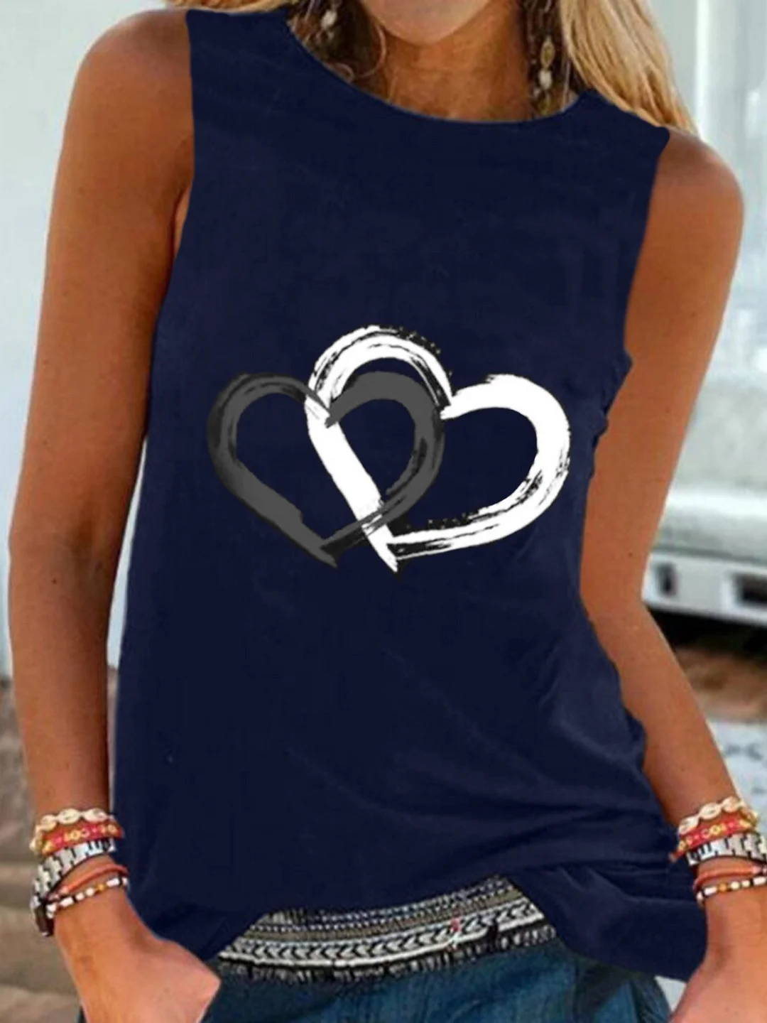 Casual Heart Sleeveless Round Neck Plus Size Printed Tank Tops Top Vests