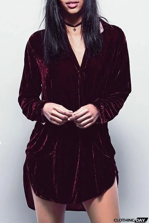 V Neck Pockets Velvet Shirt Dress