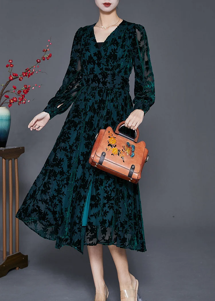 Classy Blackish Green V Neck Jacquard Silk Velour Vacation Dresses Fall