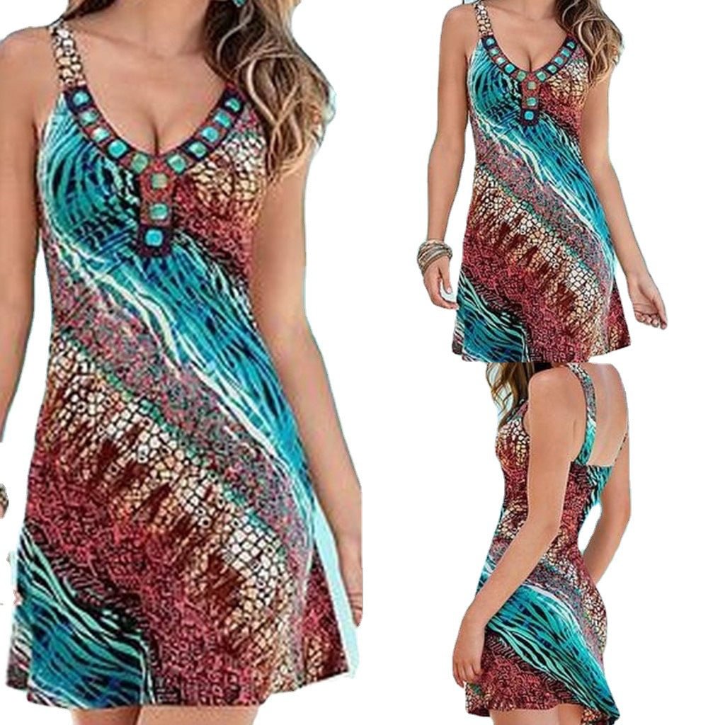 Color Printed Low-cut Sling Dress