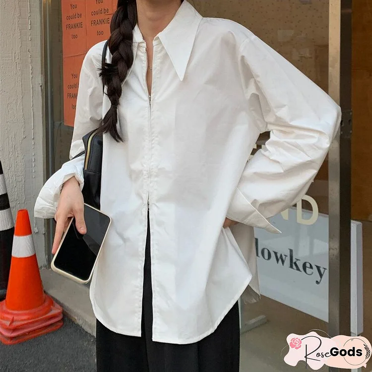 Chic Loose Zipper Shirts For Women Spring Casual Buttons Long Sleeve Blouse Fashion Korean Solid White All-Match Female Shirt