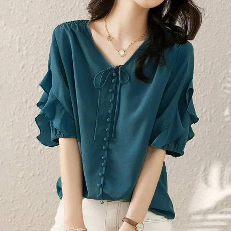 Ruffled Buckle Lace Up Loose Shirt QueenFunky
