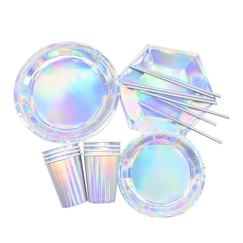 Laser Disposable Tableware Sets Silver Party Paper Cups Paper Plates Straw Party Tableware Wedding Decor Birthday Party Supplies