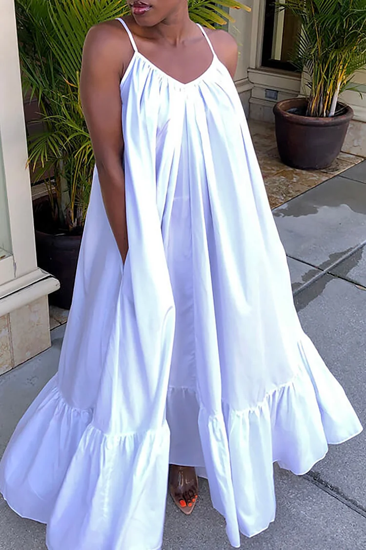 Plus Size White Daily Strap Ruffle Beach Maxi Dresses 