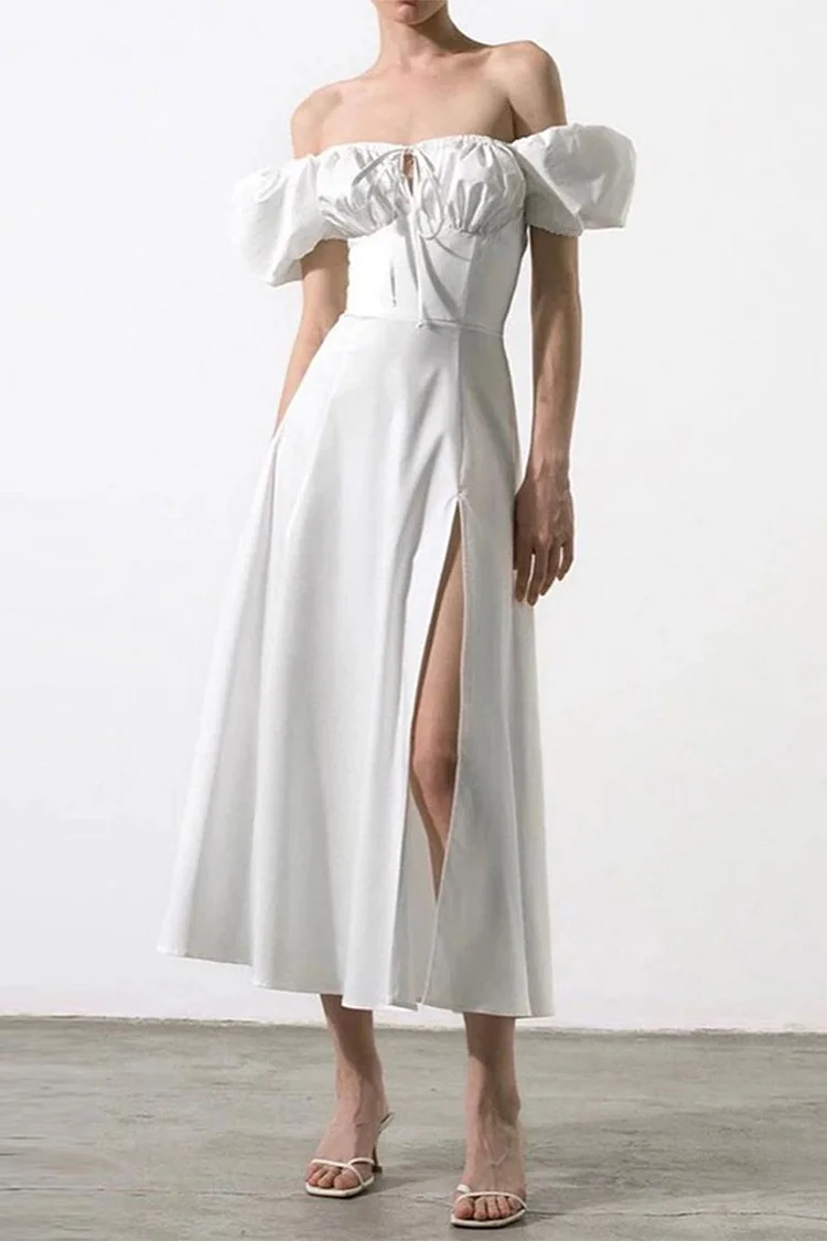 White Daily Elegant Print Patchwork Frenulum Off the Shoulder Irregular Dress Dresses