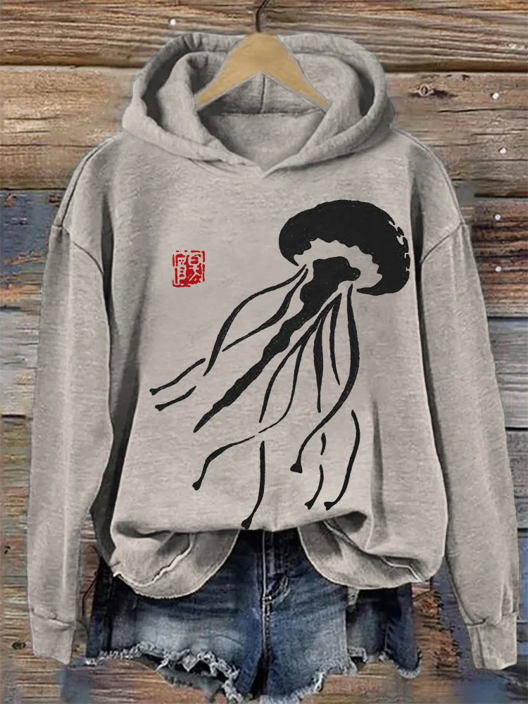 Jellyfish Japanese Lino Art Cozy Hoodie