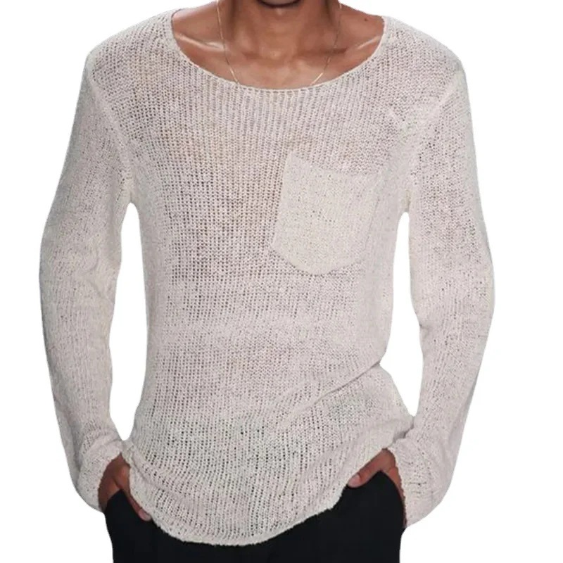 Solid Color Pocket Long Sleeve Knit Top
