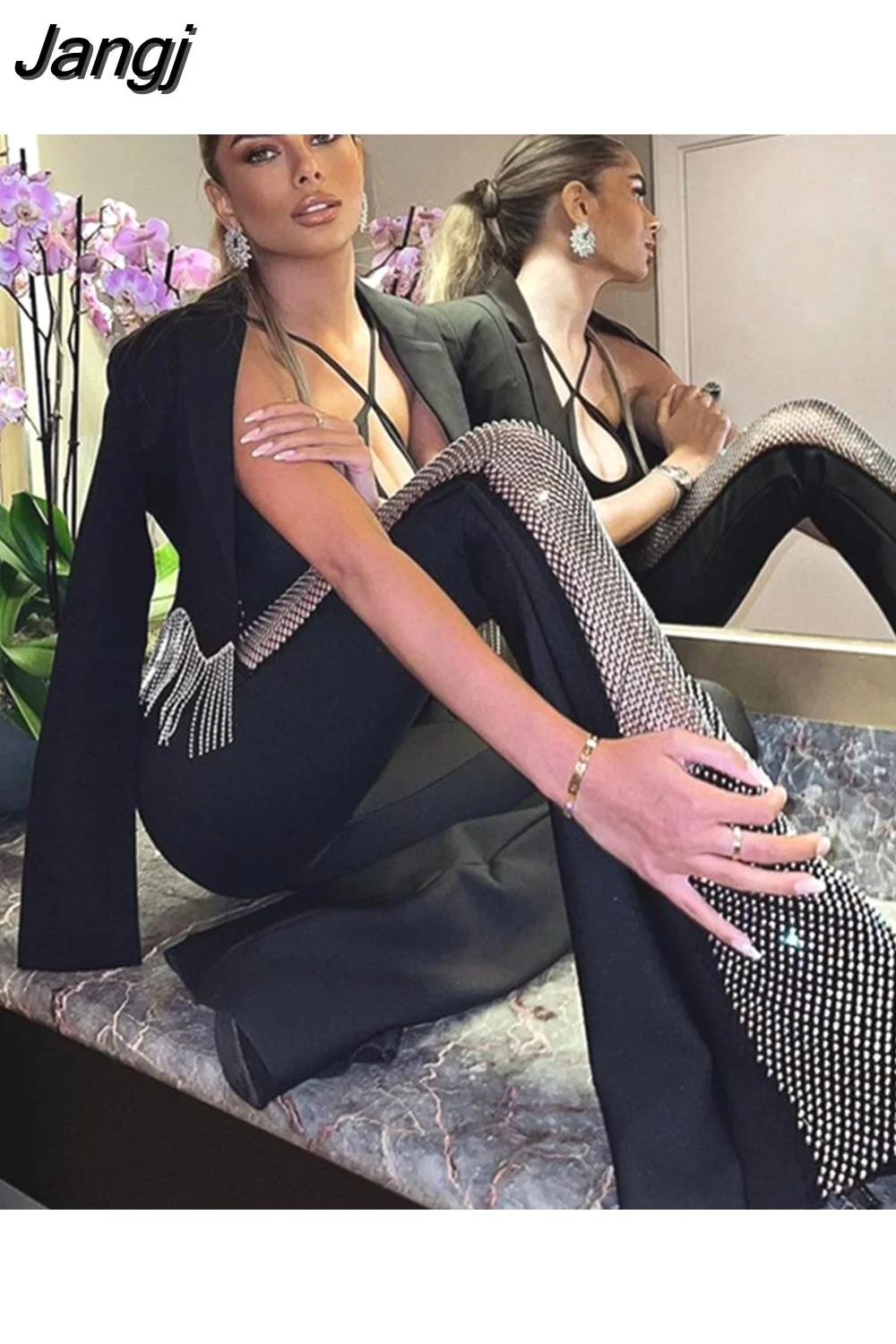 Jangj Women Summer Sexy Crystal Diamonds Black Bodycon Flare Bandage Jumpsuit 2023 Celebrity Designer High Street Rompers