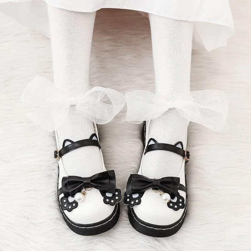 Kawaii Women Pu Leather Lolita Shoes bow Women Lace shoes Collage Student Girls Round Head Cosplay Party JK Uniforms flats