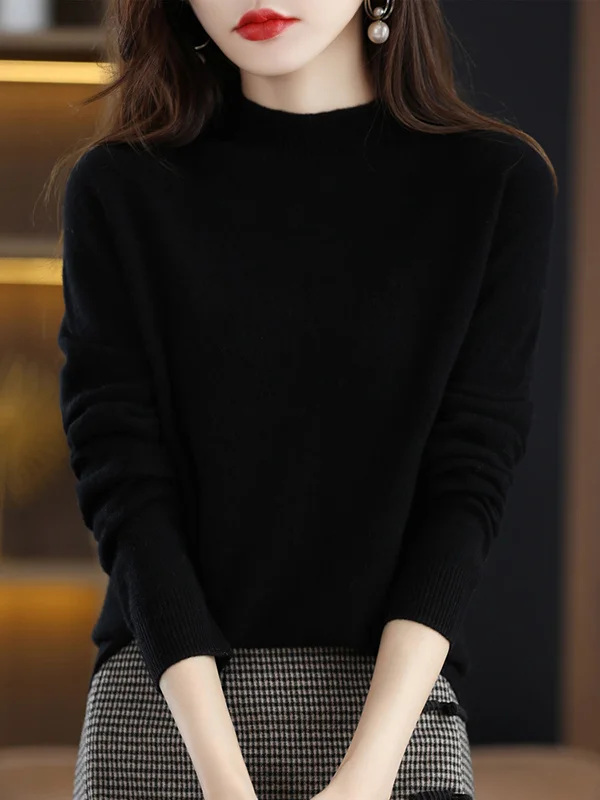 Office Long Sleeves Solid Color High-Neck Sweater Tops Pullovers