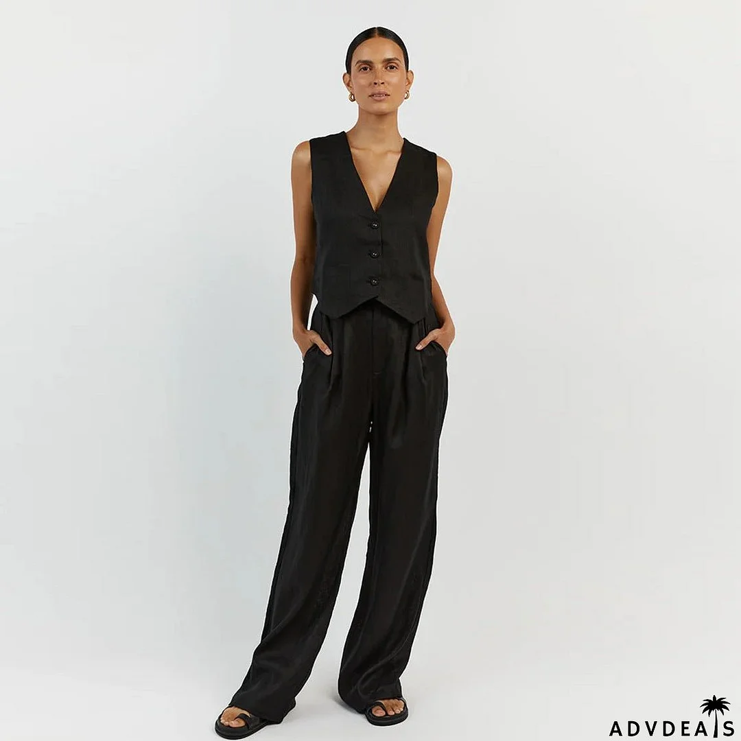Women's Fashion Casual Cotton And Linen Sleeveless Vest Waistcoat Trousers Two-piece Set